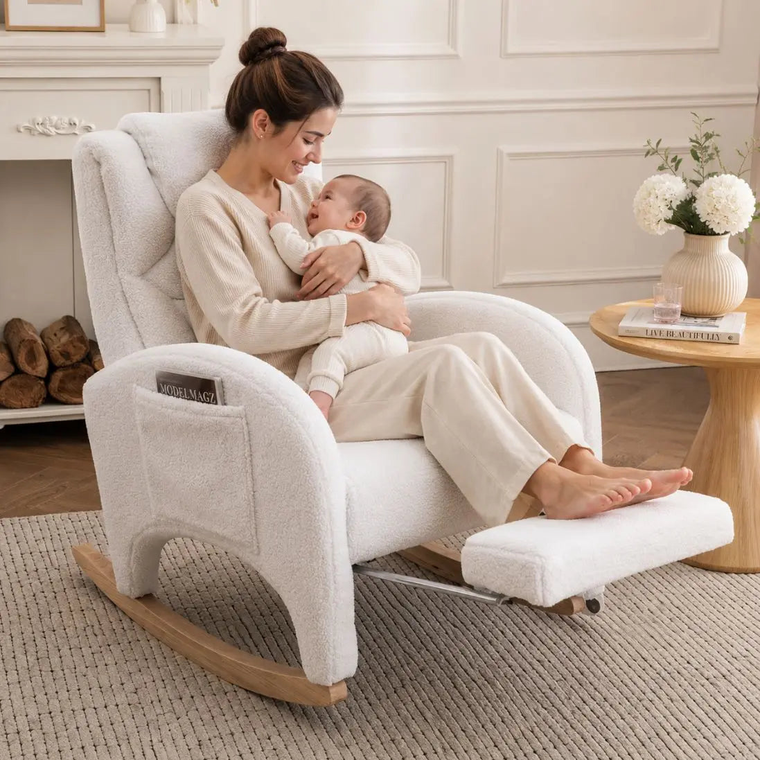Nursing rocking chair with footstool in a cozy corner